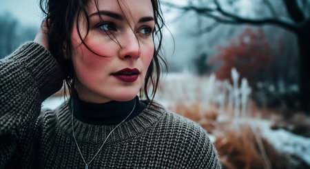 Portrait of a beautiful girl in a knitted sweater on the background of the winter forest.の素材