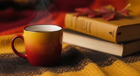 Cup of hot coffee, book and autumn leaves on warm knitted plaidの素材