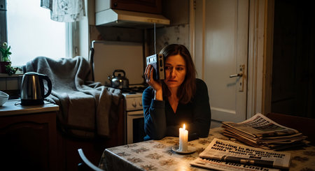 Woman Sitting in Dimly Lit Kitchen Listening to Radio by Candlelightの素材