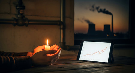 Woman holding a burning candle and tablet computer with stock market chart on screenの素材