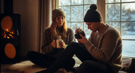 Young couple sitting on the windowsill in front of the fireplace and drinking coffeeの素材