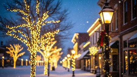 Christmas lights on the streets of the city during a snowfall.の素材