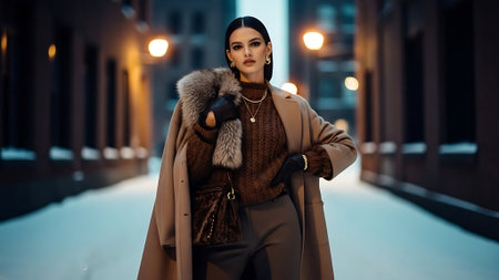 Fashionable woman in a beige coat and fur coat on the street at nightの素材