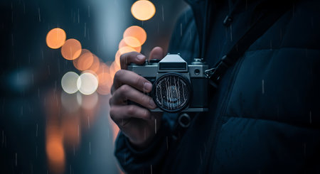 Man with vintage camera in the rain on background of night city.の素材