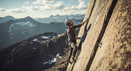 Young man climbing on a rocky wall in the mountains. Extreme sport.の素材