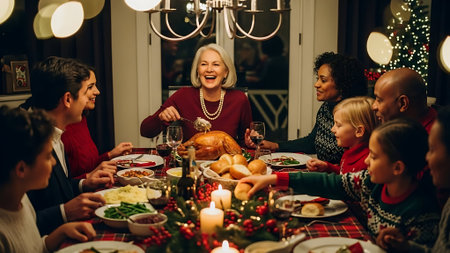 Merry Christmas and Happy Holidays! Cheerful multiethnic family having dinner together at home.の素材