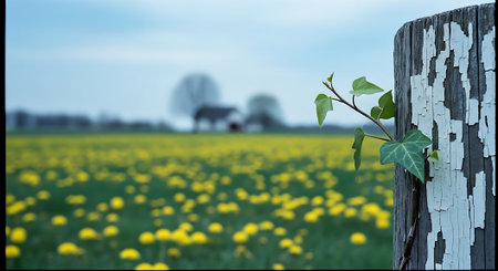 Green plant growing on a wooden fence in a field of dandelionsの素材