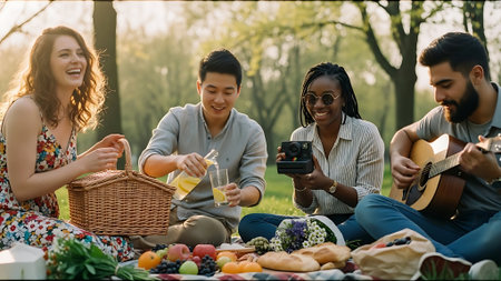 Group of friends having a picnic in the park on a sunny dayの素材