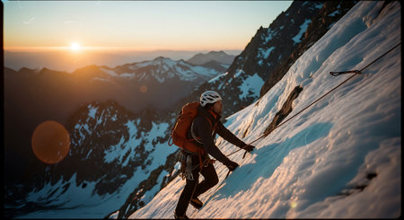 Mountaineer on the background of a beautiful sunset in the mountainsの素材