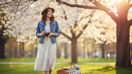 Happy young woman with camera in blooming spring park. Travel and vacation concept.の素材