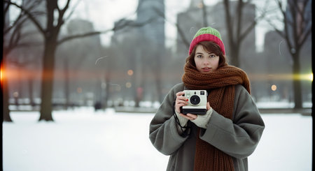 Beautiful young woman with retro camera in the winter city. Winter fashion.の素材