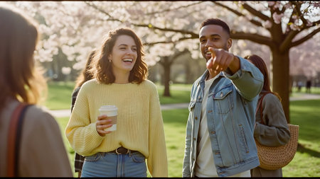 Smiling friends with coffee to go looking at each other in parkの素材