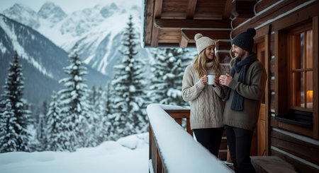 Happy young couple drinking coffee on the balcony in the mountains at winter timeの素材
