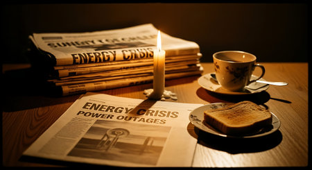 Coffee cup, newspaper and a candle on a wooden tableの素材