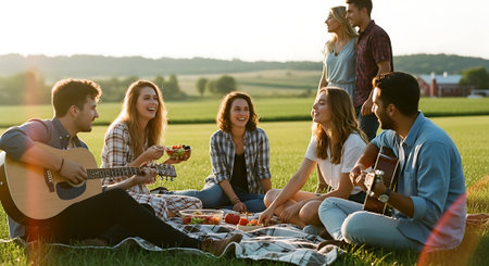 Group of friends having picnic on green meadow at sunset, copy spaceの素材