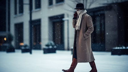 Outdoor fashion portrait of young beautiful stylish hipster woman in coat and hat walking on the street at winter.の素材