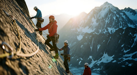 Group of climbers climbing on the top of a mountain in the eveningの素材