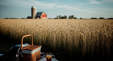Picnic basket on a wheat field with a barn in the backgroundの素材