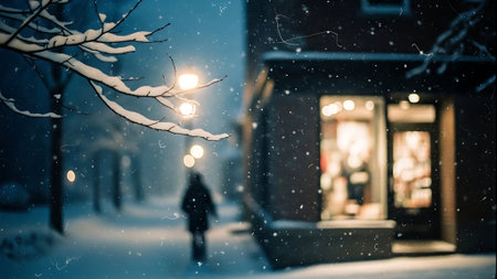 Snowfall in the city at night. Silhouettes of people walking on the street.の素材
