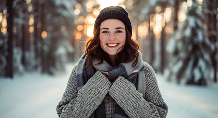 Portrait of a beautiful young woman in the winter forest. Winter fashion.の素材