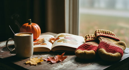 Cozy autumn still life with cup of coffee, book, knitted socks and autumn leaves on windowsillの素材