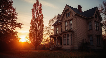 Sunset in the park with a beautiful old house and trees.の素材