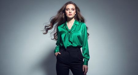 Fashion photo of young magnificent woman in green blouse and black pantsの素材