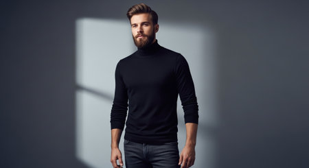 Handsome young man in black sweater standing against grey wall.の素材
