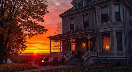 Sunset in the back yard of a house with a porch and stairs.の素材