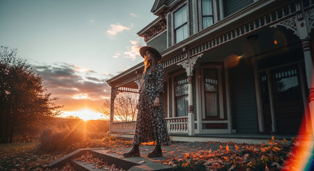 Beautiful young woman in long dress and hat posing in front of old house.の素材