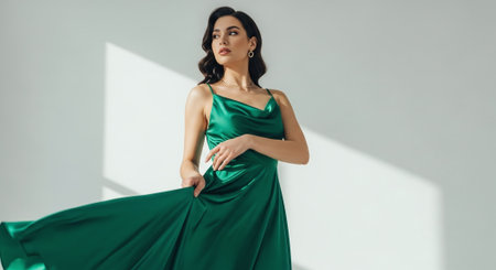 beautiful young woman in green dress looking away while standing on greyの素材