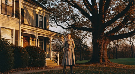 Beautiful young woman in a long dress and a long coat is standing near the old house.の素材