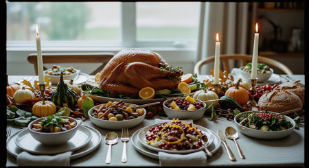Thanksgiving dinner table with roasted turkey, fruits and vegetablesrated with candlesの素材
