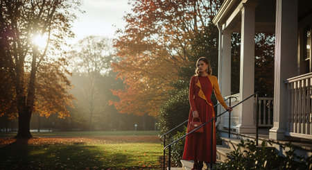 Beautiful young woman in a long red dress standing on the porch of the house.の素材