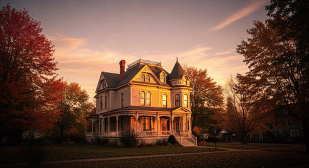 Abandoned old victorian house in the park at sunset.の素材