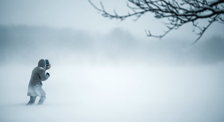 Girl in a winter coat and hat walking on a frozen lake.の素材