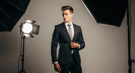 handsome young man in suit looking away while standing in photo studioの素材
