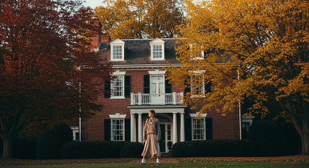 Beautiful young woman standing in front of her house in the fallの素材