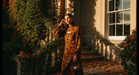 Beautiful young woman in a brown coat talking on the phone.の素材