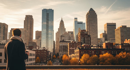 Man looking at New York City skyline from Brooklyn Bridge in Autumn.の素材
