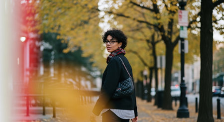 young curly african american woman in eyeglasses walking on streetの素材