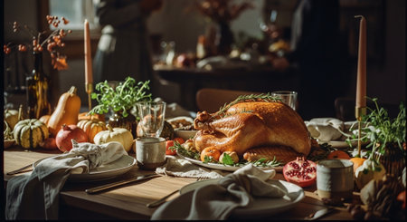 Thanksgiving dinner. Roasted turkey on the festive table. Rustic style.の素材