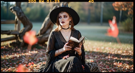 Beautiful young woman in black dress and hat with book in autumn parkの素材