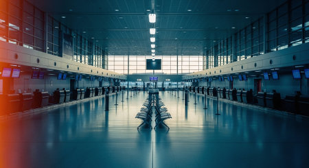 Interior of an airport terminal. Toned in blue tones.の素材