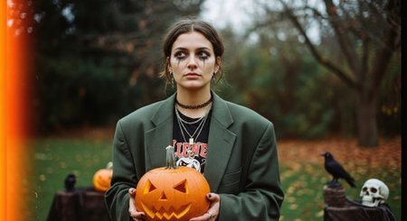 Portrait of a beautiful young woman in a green jacket with a pumpkin on the background of the autumn park.の素材