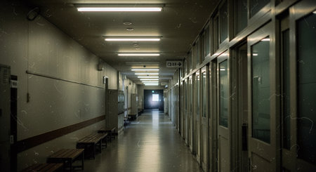 Dimly Lit Institutional Hallway with Glass Doorsの素材