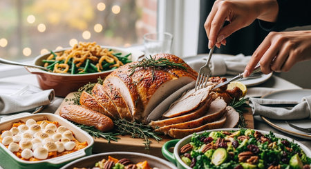 cropped view of woman cutting roasted turkey with fork on festive tableの素材