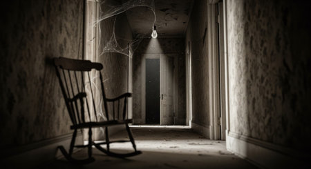 Creepy halloween concept. Horror movie scene with old chair and spider web. 3D Renderingの素材