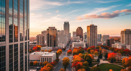 Boston, Massachusetts, USA downtown skyline with skyscrapers and fall foliage.の素材