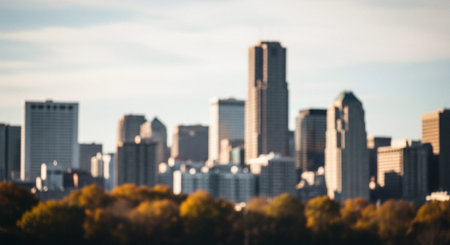 Abstract blurred city background. Defocused urban landscape with skyscrapers.の素材